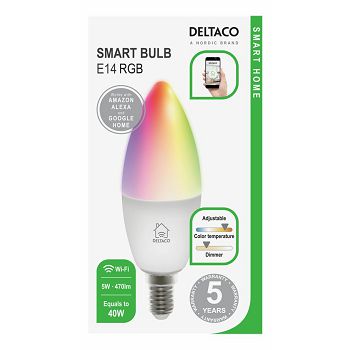 Pametna žarulja DELTACO, E14, LED, candle, 5W, 2700K-6500K, prigušivanje, bijelo svjetlo i boja, WiFi