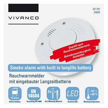 Senzor dima VIVANCO 33509, s ugrađenom baterijom, 10 godina, bijeli, 1 kom