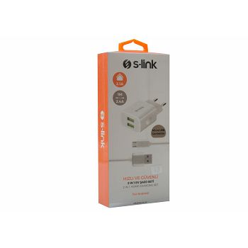 Strujni punjač S-LINK AND-EC18B, 2A USBx2 + Micro-USB kabel, bijeli