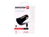 SWISSTEN punjač za auto, 2xUSB, 2.4A, crni + kabel za punjenje USB - microUSB - 03110006