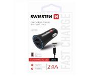 SWISSTEN punjač za auto, 2xUSB, 2.4A, crni + kabel za punjenje USB - USB-C - 03110007