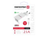 SWISSTEN punjač za AC220, 2xUSB, 2.1A, SMART IC, bijeli+ microUSB kabel - 03100008