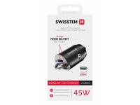 SWISSTEN punjač za auto, 2xUSB-C, brzi, 45W, crni - 03110016