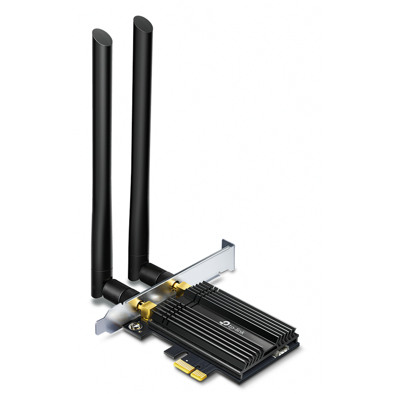 TPLink TX50E 3000Mbps dual-band PCI-E adapter, 2402Mbps at 5G and 574Mbps at 2.4G, support Bluetooth 5.0, WPA2 encryption, two external Antennas.