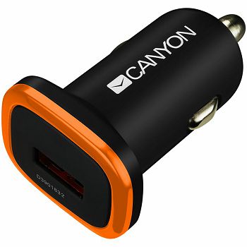 CANYON C-01 Universal 1xUSB car adapter, Input 12V-24V, Output 5V-1A, black rubber coating with orange electroplated ring(without LED backlighting), 51.8*31.2*26.2mm, 0.016kg