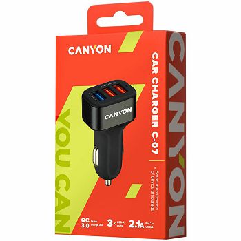 CANYON C-07 Universal 3xUSB car adapter(1 USB with Quick Charger QC3.0), Input 12-24V, Output USB/5V-2.1A+QC3.0/5V-2.4A&9V-2A&12V-1.5A, with Smart IC, black rubber coating+black metal ring+QC3.0 port 