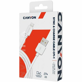 CANYON Lightning USB Cable for Apple, round, 1M, White