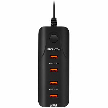 CANYON H-09 Universal 4xUSB AC charger (in wall) with over-voltage protection, Input 100V-240V, Output 5V-4.2A, with Smart IC, Black rubber coating+ orange plastic part of USB, 127.7*50*24.5mm, 0.126k