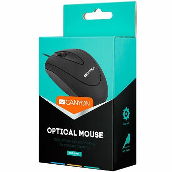 CANYON CM-1 wired optical Mouse with 3 buttons, DPI 1000, Black, cable length 1.8m, 100*51*29mm, 0.07kg