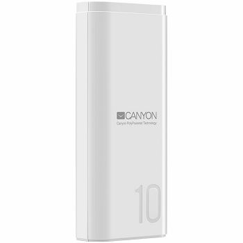 CANYON PB-103 Power bank 10000mAh Li-poly battery, Input 5V/2A, Output 5V/2.1A, with Smart IC, White, USB cable length 0.25m, 120*52*22mm, 0.210Kg