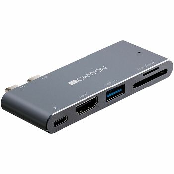CANYON DS-5 Multiport Docking Station with 5 port, with Thunderbolt 3 Dual type C male port, 1*Thunderbolt 3 female+1*HDMI+1*USB3.0+1*SD+1*TF. Input 100-240V, Output USB-C PD100W&USB-A 5V/1A, Aluminiu