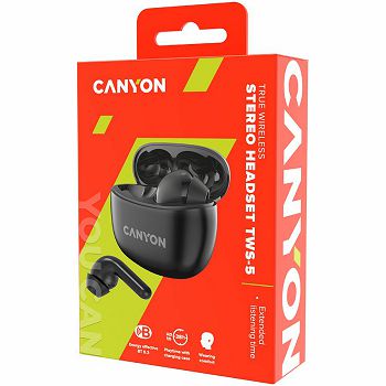 Canyon TWS-5 Bluetooth headset, with microphone, BT V5.3 JL 6983D4, Frequence Response:20Hz-20kHz, battery EarBud 40mAh*2+Charging Case 500mAh, type-C cable length 0.24m, size: 58.5*52.91*25.5mm, 0.03