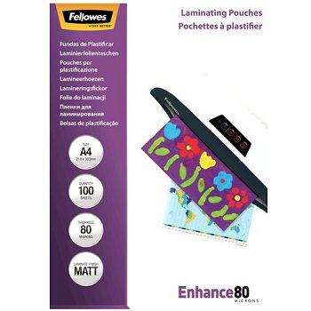 Fellowes laminating pockets A4, matte, 80 mic, 100 pcs