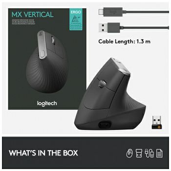 Logitech ergonomic mouse cordless MX VERTICAL bluetooth, unifying, USB-C