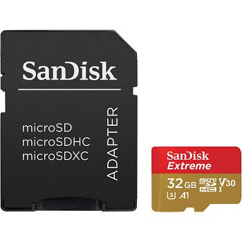 SanDisk Extreme microSDHC 32GB + SD Adapter for Action Sports Cameras - 100MB / s A1 C10 V30 UHS-I U3