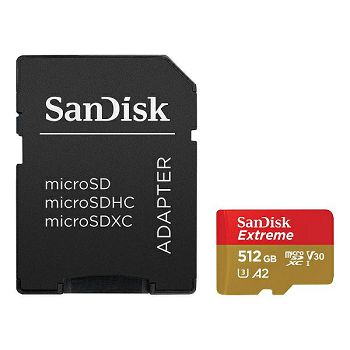 SanDisk Extreme microSDXC 512GB + SD Adapter 190MB/s &amp; 130MB/s A2 C10 V30 UHS-I U3