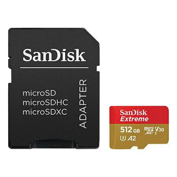 SanDisk Extreme microSDXC 512GB + SD Adapter 190MB/s &amp; 130MB/s A2 C10 V30 UHS-I U3