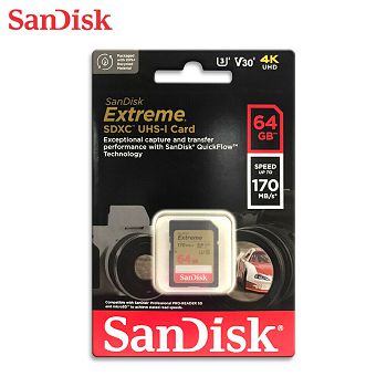 SanDisk Extreme 64GB SDXC memory card + 1 year RescuePRO Deluxe up to 170MB/s &amp; 80MB/s read/write, UHS-I, Class 10, U3, V30