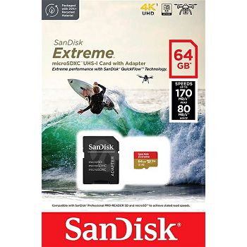 SanDisk Extreme microSDXC 64GB for Action Cams and Drones + SD Adapter 170MB/s &amp; 80MB/s A2 C10 V30 UHS-I U3