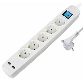 Transmedia 5-way power strip with 2x USB, white, 5m