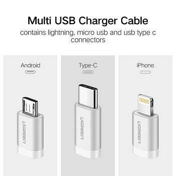 Ugreen USB 2.0 to Micro USB + Lightning + Type C (3 in 1) data cable braided 1.5m