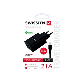 SWISSTEN punjač za AC220, 2xUSB, 2.1A, SMART IC, crni + USB-C kabel