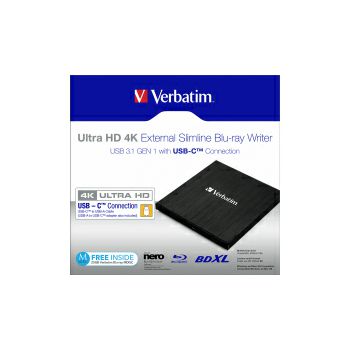 Verbatim Blu-Ray Slimline Ultra HD 4K vanjski snimač, M-Disc kompatibilan, USB3.1, crni