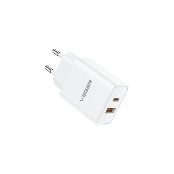 VEGER VLS302U 2-port charger, USB-A/USB-C, QC3.0/PD3.0, white.