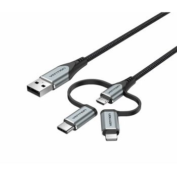 Vention USB 2.0 A Male to 3-in-1 Micro-B USB-C Lightning Male Cable 1,5m, Gray