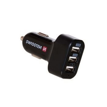 SWISSTEN punjač za auto, 3xUSB, 5.2A, 12-24V, crni