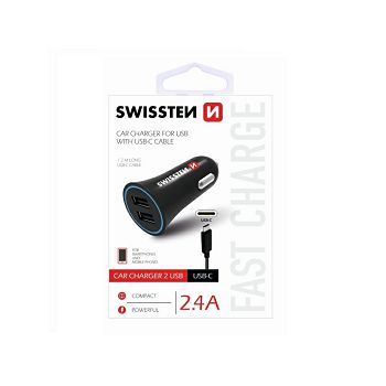 SWISSTEN punjač za auto, 2xUSB, 2.4A, crni + kabel za punjenje USB - USB-C