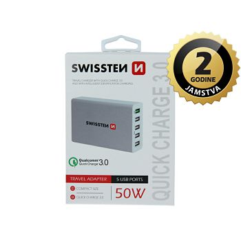 SWISSTEN punjač za AC220, 5xUSB, 50W, brzo punjenje, SMART IC, bijeli