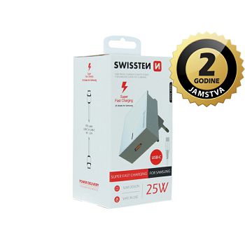 SWISSTEN punjač za AC220, 1xUSB-C, Sup Fast, Samsung, 25W, USB-C kabel , bijeli