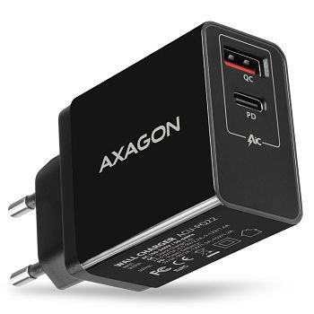AXAGON ACU-PQ22 Ladegerät, 1x USB-C und 1x USB-A, QC3.0/AFC/FCP/PD, 22W - schwarz ACU-PQ22