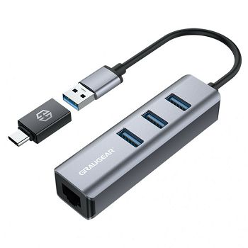 Graugear USB-Hub, 3x USB 3.0 Type-A Gbit LAN, inkl. USB-C Adapter - silver G-HUB31L-AC