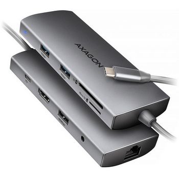AXAGON HMC-8HLSA USB-C 3.2 Gen 1 Multiport-Hub, 3x USB-A + 4K/60Hz HDMI + SD/microSD, Gigabit LAN, Audio, PD 100W - Silber-HMC-8HLSA