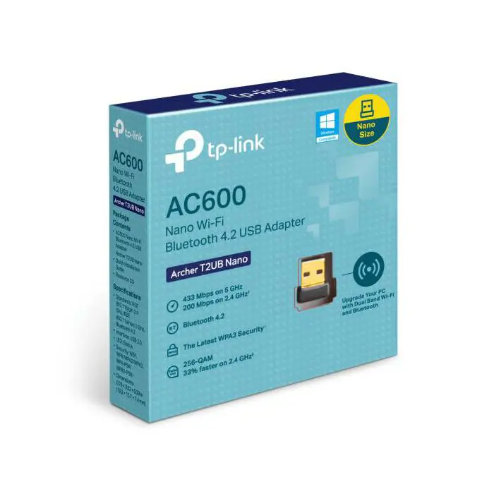 AC600 Nano Dual Band Wi-Fi Bluetooth 4.2 USB AdapterSPEED: 433 Mbps at 5 GHz + 200 Mbps at 2.4 GHzSPEC: USB 2.0FEATURE: Bluetooth 4.2