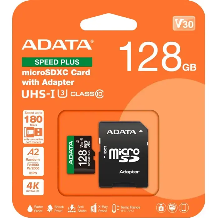 ADATA microSD U3, V30, 180/160MBs, 128GB