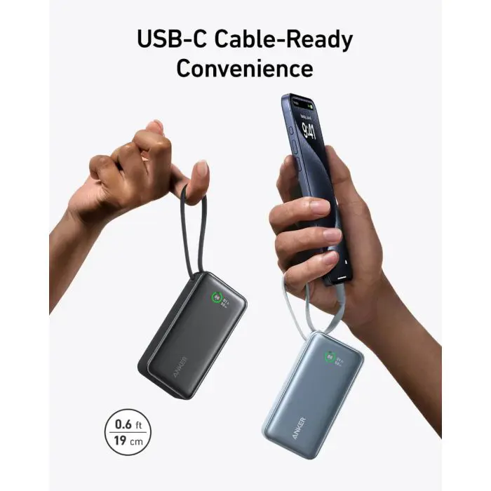 Anker 545 Nano power bank 10K with built-in USB-C cable, black.