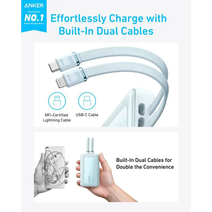 Anker Zolo Powerbank 10000 mAh, 30W with built-in USB-C + Lightning cables, blue