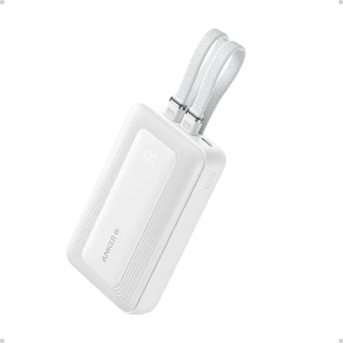 Anker Zolo Powerbank 10000 mAh, 30W z vgrajenima kabloma USB-C + Lightning, bel