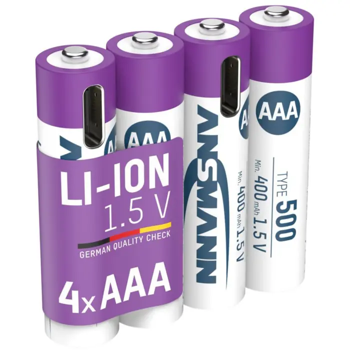 Ansmann Li-Ion battery Micro AAA type 500 (min. 400 mAh), pack of 4 (white/violet, 4x AAA (Micro), USB-C charging port)