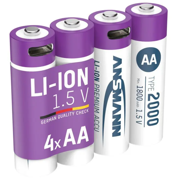 Ansmann Li-Ion battery Mignon AA type 2,000 (min. 1,800 mAh), pack of 4 (white/purple, 4x AA (Mignon), USB-C charging port)