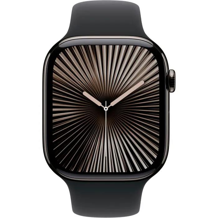Apple Watch Series 10, Smartwatch (slate, titanium case, 46 mm, black sport band S/M, cellular)