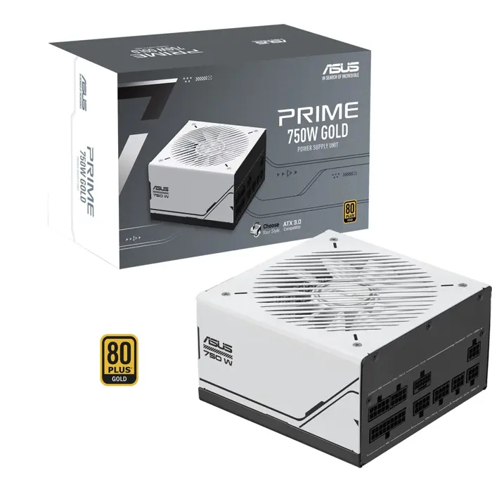 ASUS Prime 750W Gold, PC power supply white/black, 1x 12-pin High Power GPU, 3x PCIe, cable management, 750 Watt