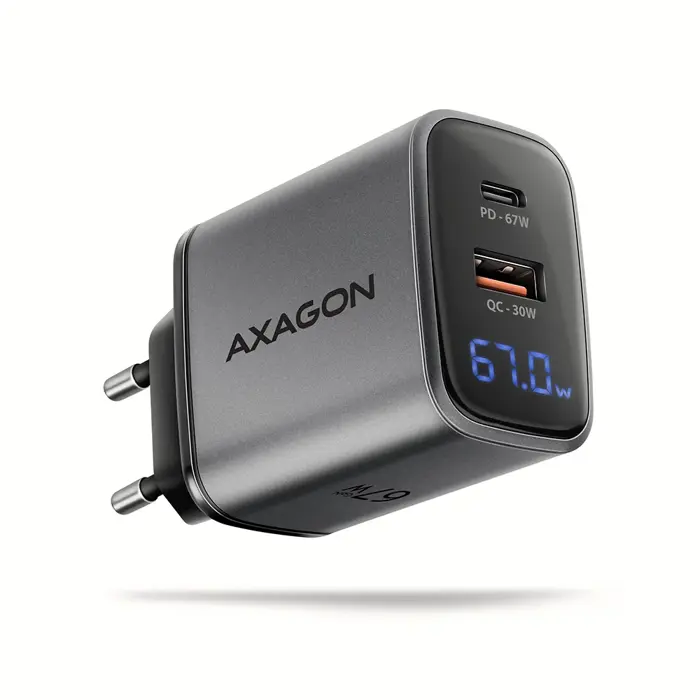 AXAGON ACU-PQ67D GaN Ladegerät, USB-C Power Delivery 3, USB-A Quick Charge 4 - grau-ACU-PQ67D