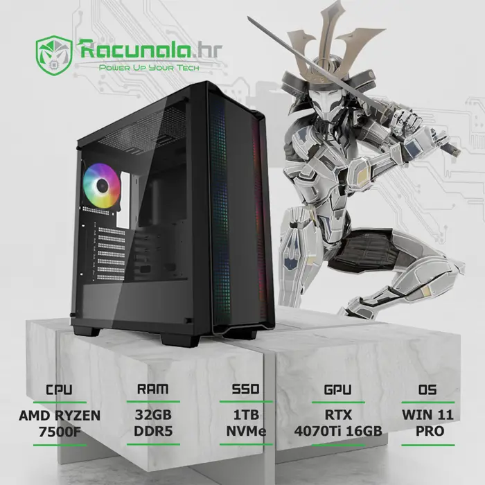 BaB gaming računalo HunterKiller R54070T (Ryzen 5 7500F, 32GB DDR5, 1TB SSD, RTX 4070Ti 16GB, WiFi) Win11P