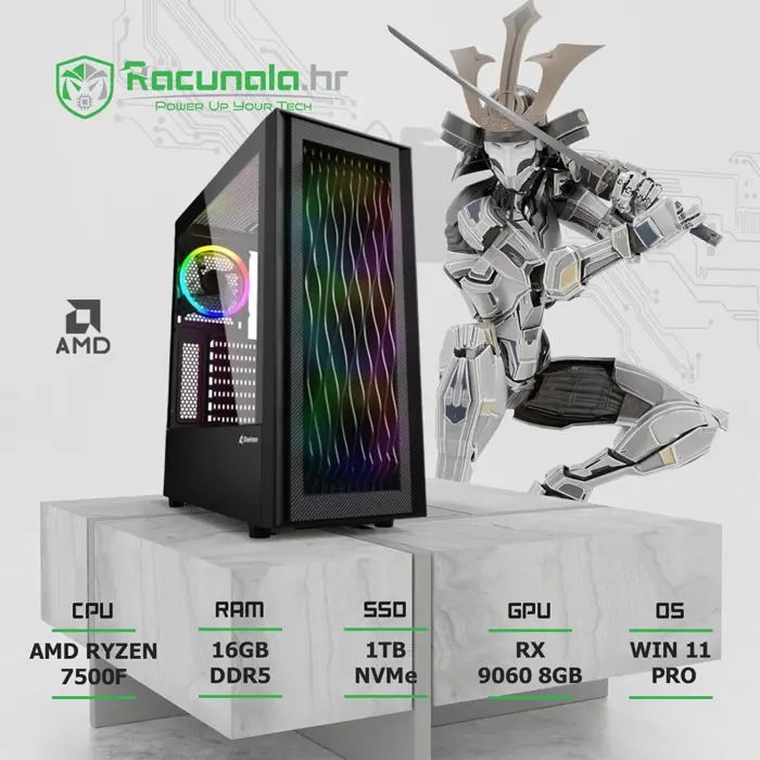 BaB gaming računalo HunterKiller (Ryzen 5 7500F, 16GB DDR5, 1TB SSD, RX 9060) Win11P