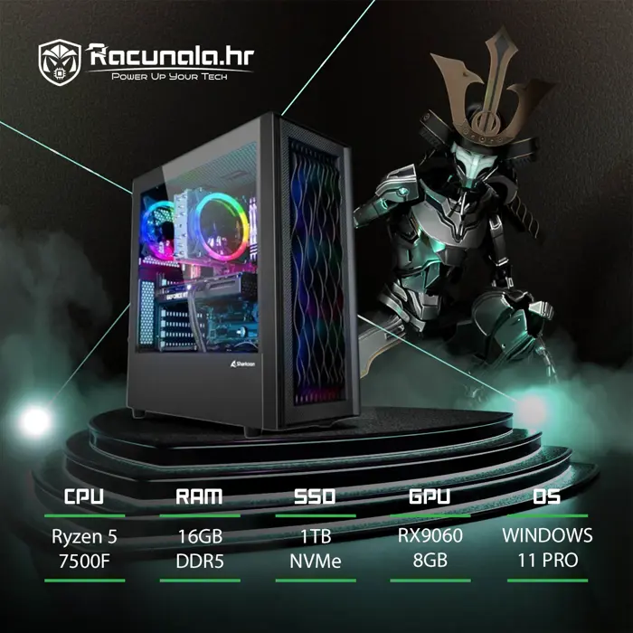 BaB gaming računalo HunterKiller (Ryzen 5 7500F, 16GB DDR5, 1TB SSD, RX 9060) Win11P