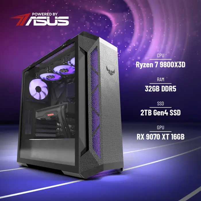 BaB računalo Inferno X (Ryzen 7 9800X3D, Liquid, RX 9070 XT, 32GB DDR5, 2TB SSD, RGB, Win11P) Powered By ASUS